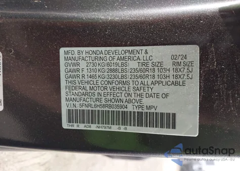2024 Honda Odyssey Ex from USA, damaged, VIN 5FNRL6H58RB035904